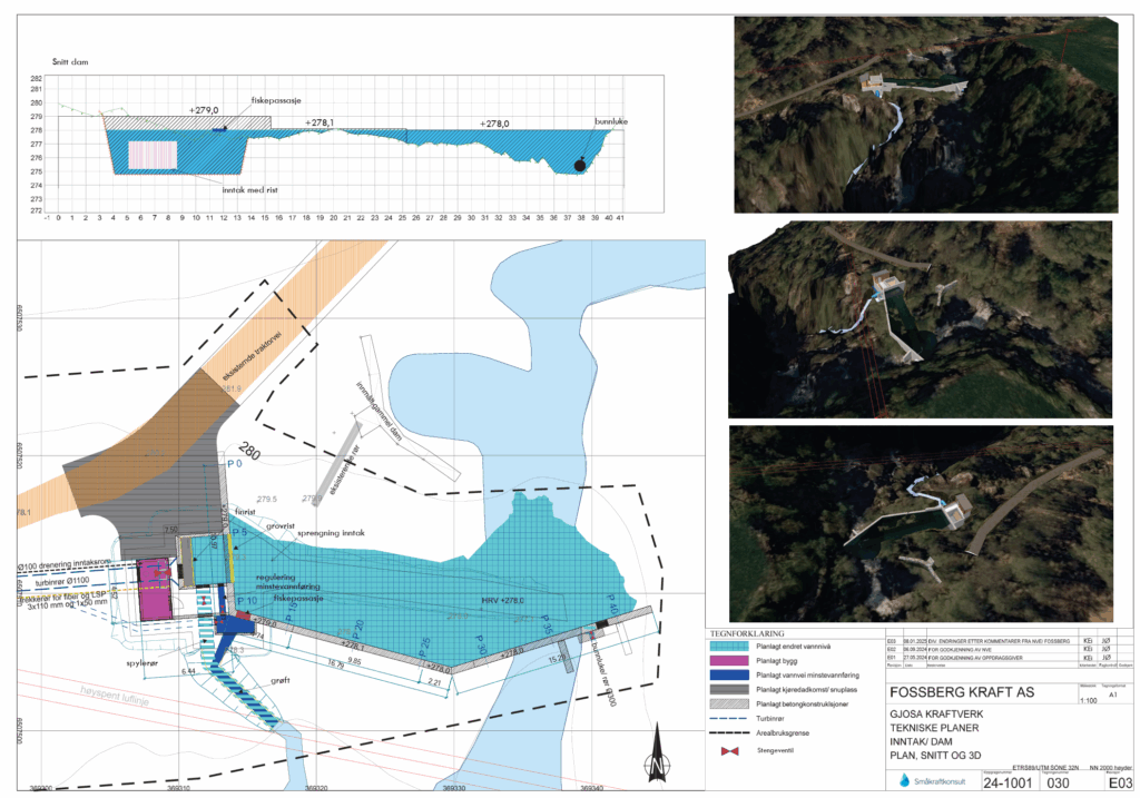 Illustrasjonen viser deler av planarbeidet utført for og i samarbeid med Fossberg Kraft ved deres anlegg på Gjosa i Sirdal. Her er det benyttet markedsledende programvare, GEMINI Terreng, til prosjektering og 3D-visualisering.